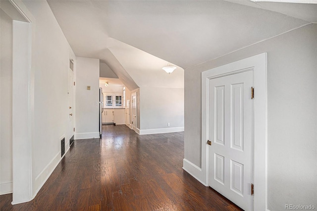 interior space featuring dark wood-type flooring and lofted ceiling