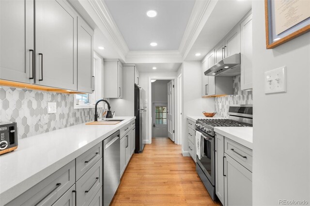 kitchen with stainless steel appliances, a sink, under cabinet range hood, light wood finished floors, and light countertops