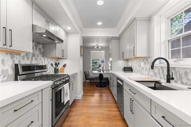 kitchen with stainless steel appliances, exhaust hood, a sink, light wood-style floors, and plenty of natural light