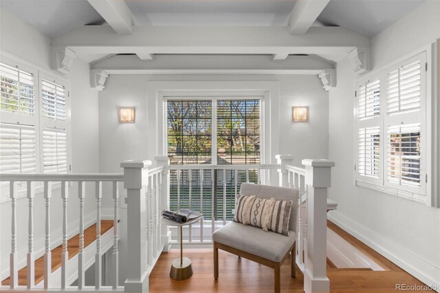 sitting room with an upstairs landing, plenty of natural light, and wood finished floors