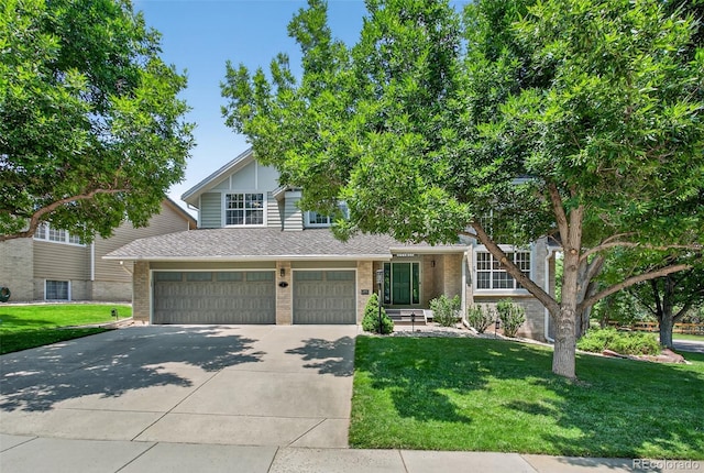 1 Amaranth Dr, Littleton, CO 80127 - view of front of property featuring brick siding, driveway, a front lawn, a shingled roof, and an attached garage