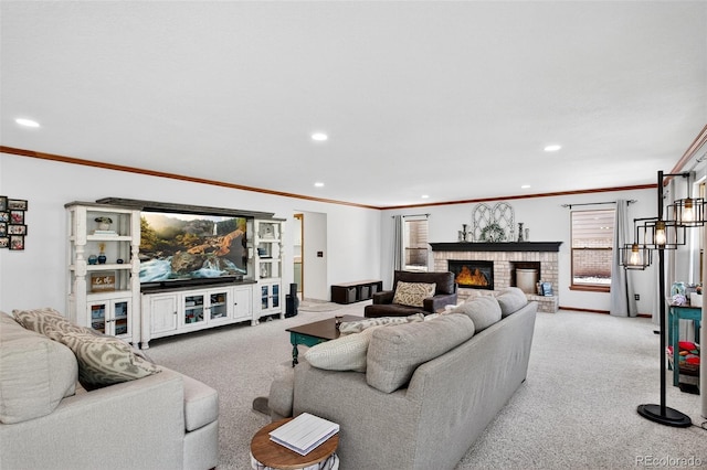 1 Amaranth Dr, Littleton, CO 80127 - living area featuring light colored carpet, recessed lighting, crown molding, and a brick fireplace