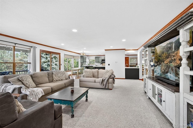 1 Amaranth Dr, Littleton, CO 80127 - living area featuring crown molding, recessed lighting, and light carpet