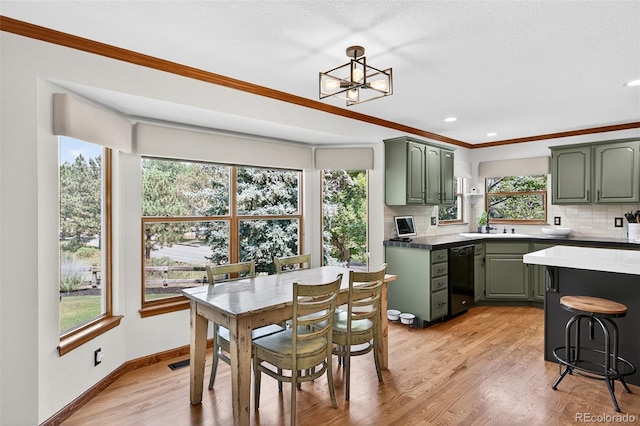 1 Amaranth Dr, Littleton, CO 80127 - dining space with ornamental molding, light wood-style floors, a chandelier, and recessed lighting