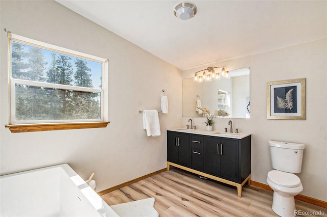 bathroom with wood-type flooring, a tub, vanity, and toilet