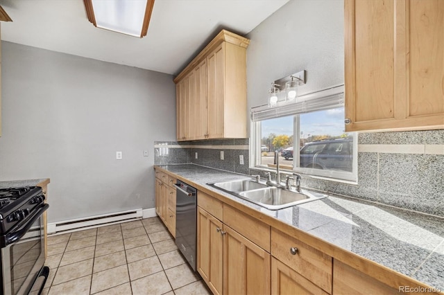 kitchen with sink, black appliances, light tile patterned floors, backsplash, and a baseboard heating unit