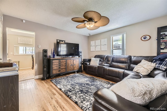 5510 S Windermere St, Littleton, CO 80120 - living room featuring a ceiling fan, light wood-style floors, a textured ceiling, and baseboards