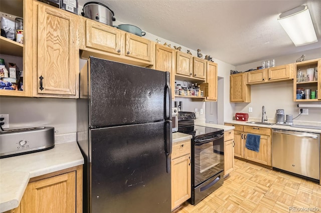 5510 S Windermere St, Littleton, CO 80120 - kitchen featuring black appliances, open shelves, a sink, light countertops, and a textured ceiling