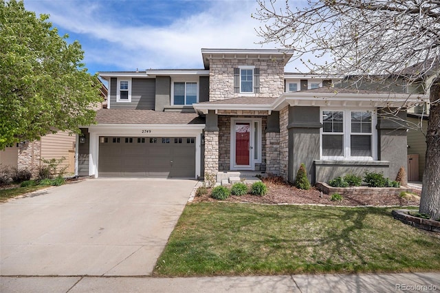 2749 Pemberly Ave, Highlands Ranch, CO 80126 - prairie-style home featuring driveway, stone siding, an attached garage, a front yard, and roof with shingles