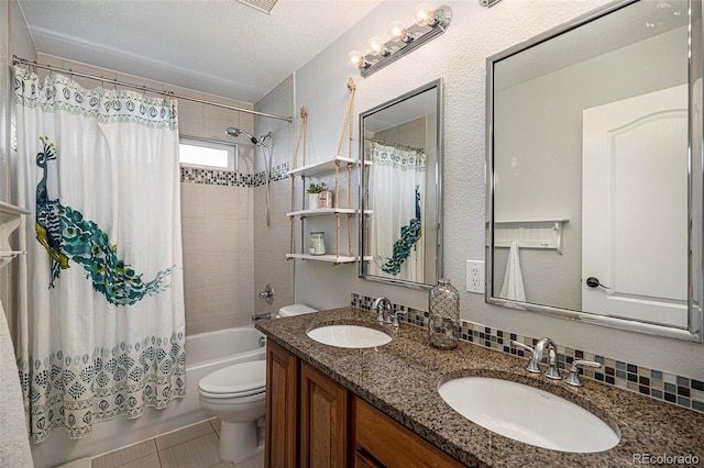2749 Pemberly Ave, Highlands Ranch, CO 80126 - full bathroom featuring toilet, shower / bath combination with curtain, double vanity, and tile patterned floors