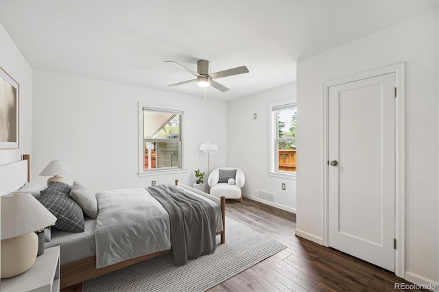 2989 S Corona St, Englewood, CO 80113 - bedroom with multiple windows, dark wood finished floors, baseboards, and ceiling fan