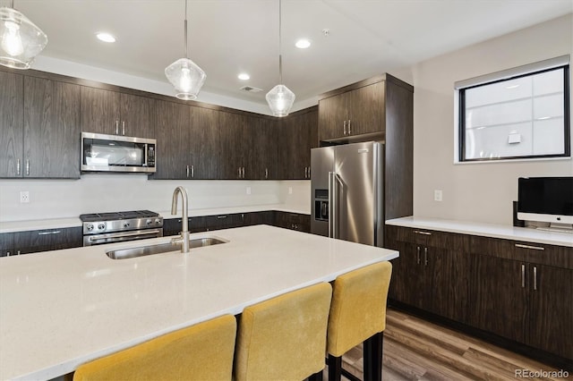 kitchen with wood finished floors, a sink, high quality appliances, a kitchen breakfast bar, and dark brown cabinets