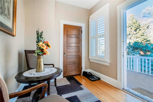 doorway with baseboards and wood finished floors