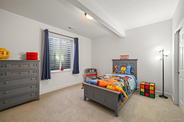 bedroom featuring light carpet, baseboards, visible vents, and beam ceiling