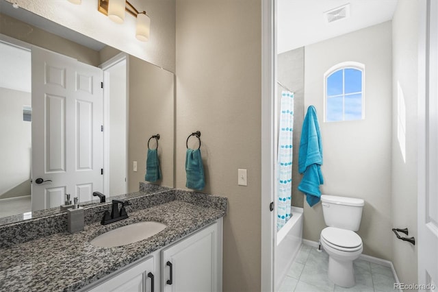 bathroom with toilet, tile patterned floors, visible vents, vanity, and shower / tub combo with curtain