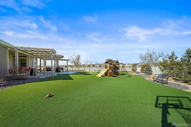 view of jungle gym featuring a patio area, a fenced backyard, a pergola, and a yard