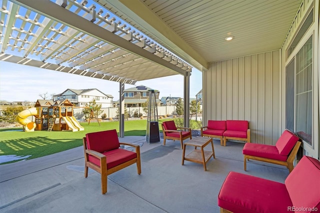 view of patio featuring an outdoor hangout area, a playground, fence, and a pergola