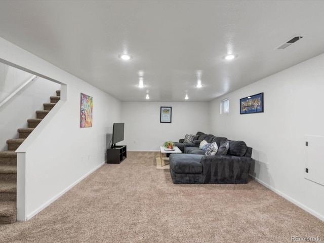 10109 W 68th Ave, Arvada, CO 80004 - living room featuring recessed lighting, carpet, stairs, and baseboards