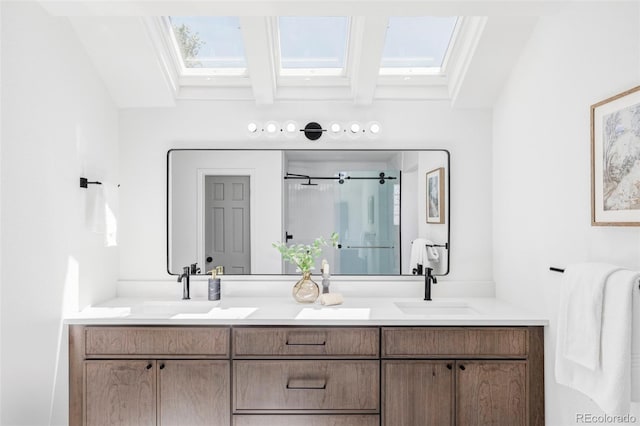 10953 E Crestline Ave, Englewood, CO 80111 - bathroom featuring a skylight, double vanity, and a stall shower