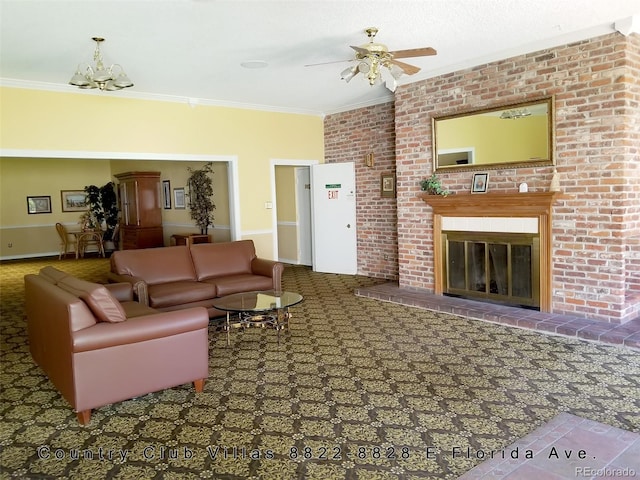 living area with baseboards, ornamental molding, carpet floors, a fireplace, and ceiling fan with notable chandelier