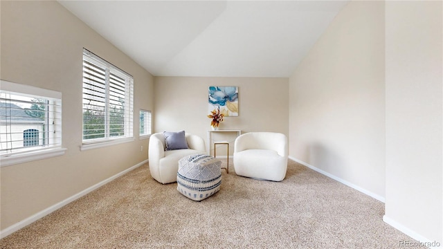 sitting room featuring carpet floors and baseboards