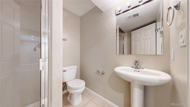 bathroom featuring a shower stall, tile patterned floors, baseboards, toilet, and visible vents