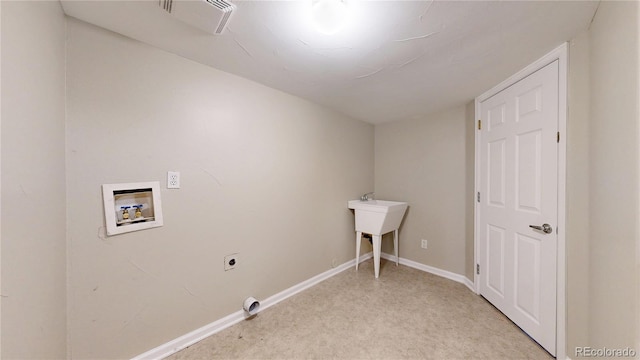 laundry room featuring laundry area, visible vents, hookup for an electric dryer, hookup for a washing machine, and baseboards