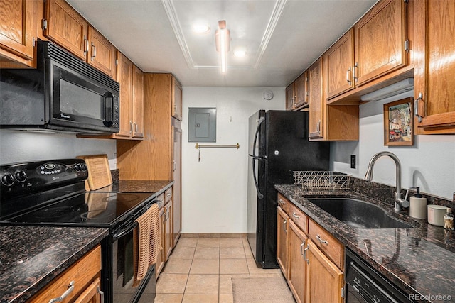 8600 E Alameda Ave Unit 21-208, Denver, CO 80247 - kitchen with black appliances, electric panel, brown cabinets, light tile patterned flooring, and dark stone counters