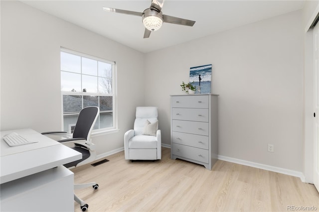 home office with visible vents, ceiling fan, baseboards, and wood finished floors