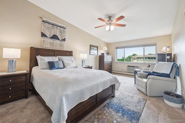9625 E Center Ave Unit 5D, Denver, CO 80247 - bedroom featuring carpet flooring, a baseboard radiator, vaulted ceiling, and ceiling fan