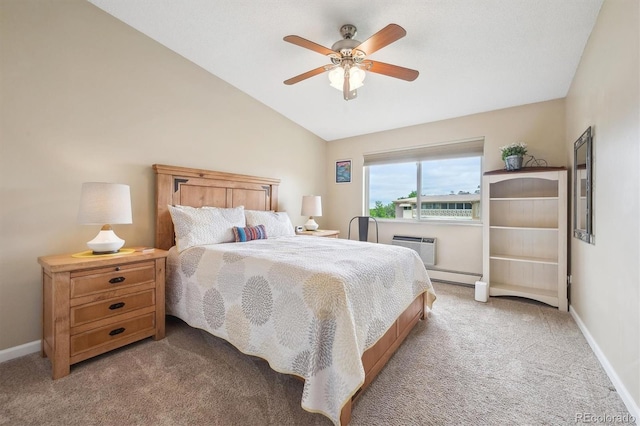 9625 E Center Ave Unit 5D, Denver, CO 80247 - bedroom with light carpet, vaulted ceiling, a baseboard radiator, baseboards, and ceiling fan