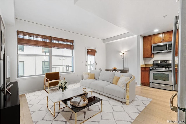 living room with a healthy amount of sunlight and light hardwood / wood-style floors