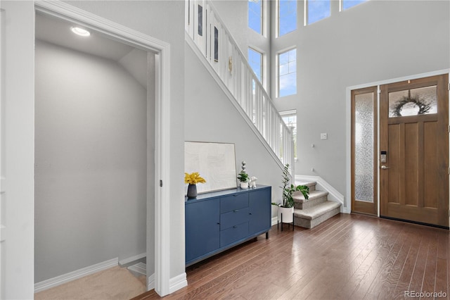 entryway featuring a towering ceiling and dark hardwood / wood-style floors