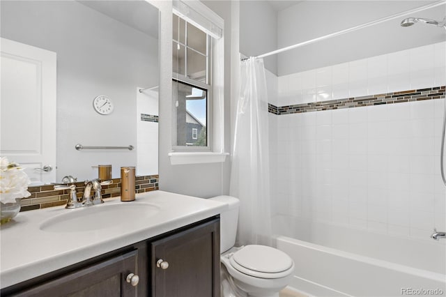 full bathroom with vanity, toilet, tasteful backsplash, and shower / bathtub combination with curtain