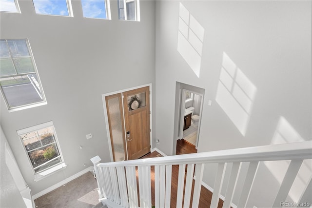 stairs featuring a high ceiling and carpet