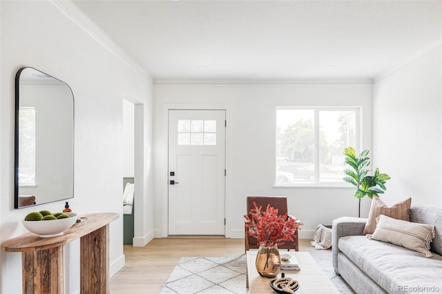 entrance foyer with crown molding and light wood-type flooring