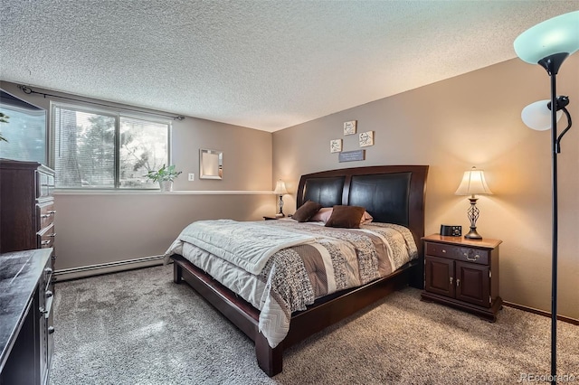 bedroom featuring a baseboard heating unit, light colored carpet, and a textured ceiling