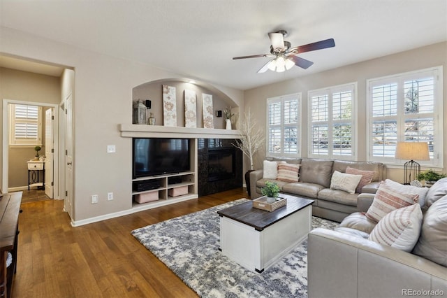 living room with baseboards, a healthy amount of sunlight, a premium fireplace, and wood finished floors