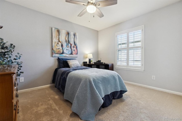 bedroom featuring carpet flooring, ceiling fan, and baseboards