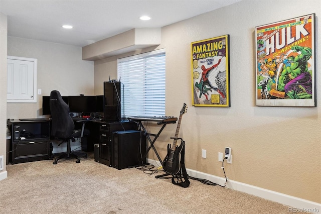 home office with baseboards, carpet flooring, and recessed lighting