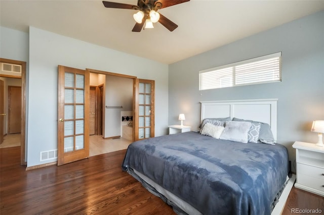 4197 Purple Plum Way, Colorado Springs, CO 80920 - bedroom with wood finished floors, french doors, vaulted ceiling, a ceiling fan, and baseboards