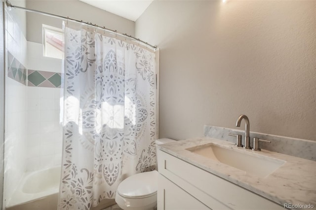 4197 Purple Plum Way, Colorado Springs, CO 80920 - bathroom with toilet, vanity, shower / tub combo with curtain, and a textured wall
