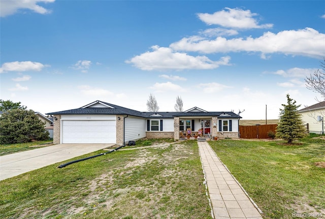 652 Dakota St, Kiowa, CO 80117 - ranch-style house with brick siding, an attached garage, concrete driveway, and a porch