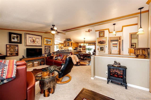 652 Dakota St, Kiowa, CO 80117 - living area with carpet flooring, ceiling fan, a chandelier, baseboards, and a wood stove
