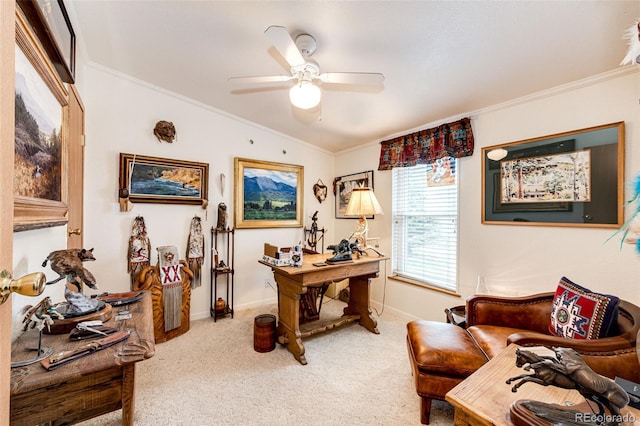 652 Dakota St, Kiowa, CO 80117 - home office featuring carpet floors, a ceiling fan, ornamental molding, and baseboards