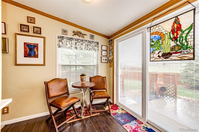 652 Dakota St, Kiowa, CO 80117 - sitting room featuring lofted ceiling, dark wood-style flooring, ornamental molding, baseboards, and a textured wall