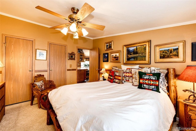 652 Dakota St, Kiowa, CO 80117 - bedroom with ornamental molding, light carpet, a ceiling fan, and two closets