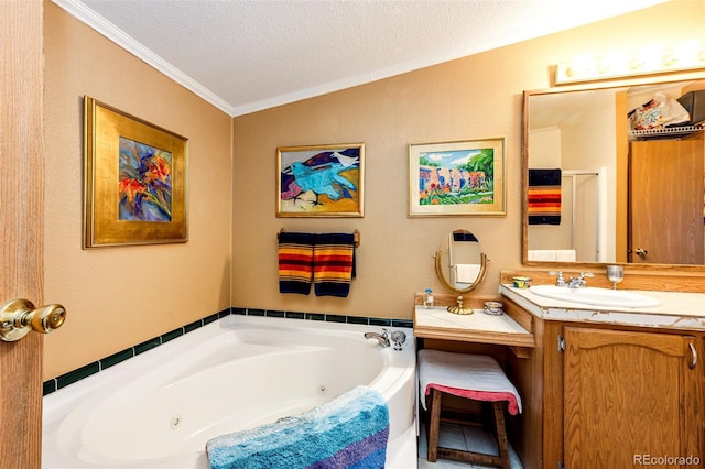 652 Dakota St, Kiowa, CO 80117 - full bath featuring ornamental molding, a tub with jets, a textured ceiling, and vanity