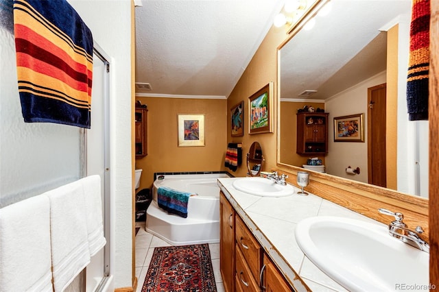 652 Dakota St, Kiowa, CO 80117 - bathroom with tile patterned flooring, ornamental molding, a bath, double vanity, and a textured ceiling