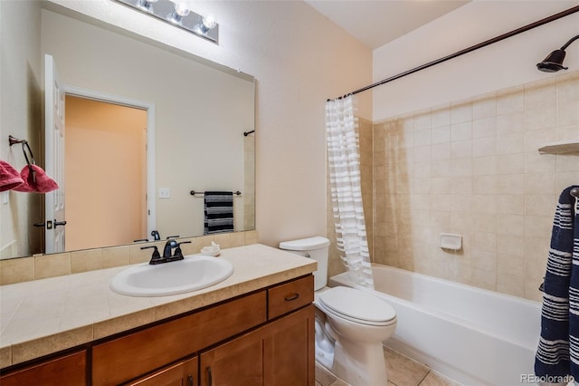 bathroom with toilet, vanity, shower / bath combination with curtain, and tile patterned flooring
